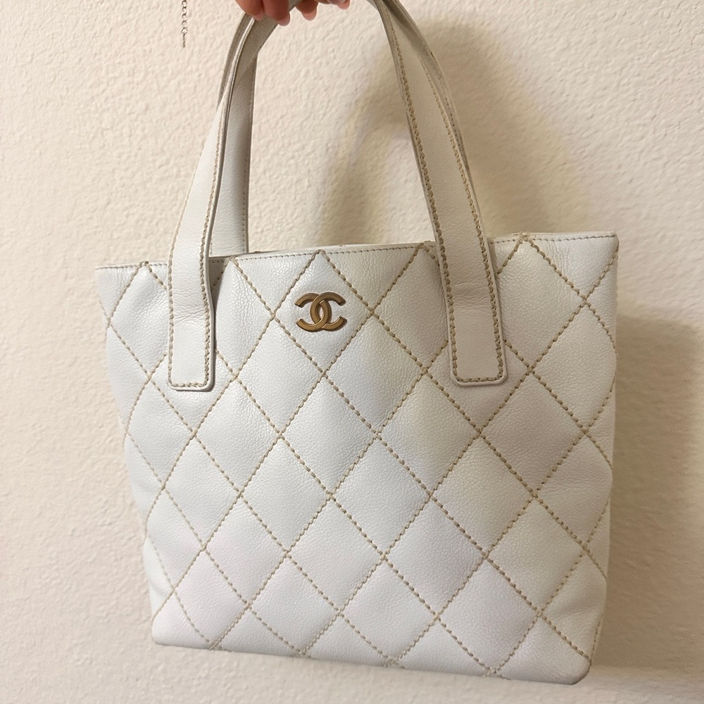 CHANEL Ivory Quilted Tote with Gold Logo
